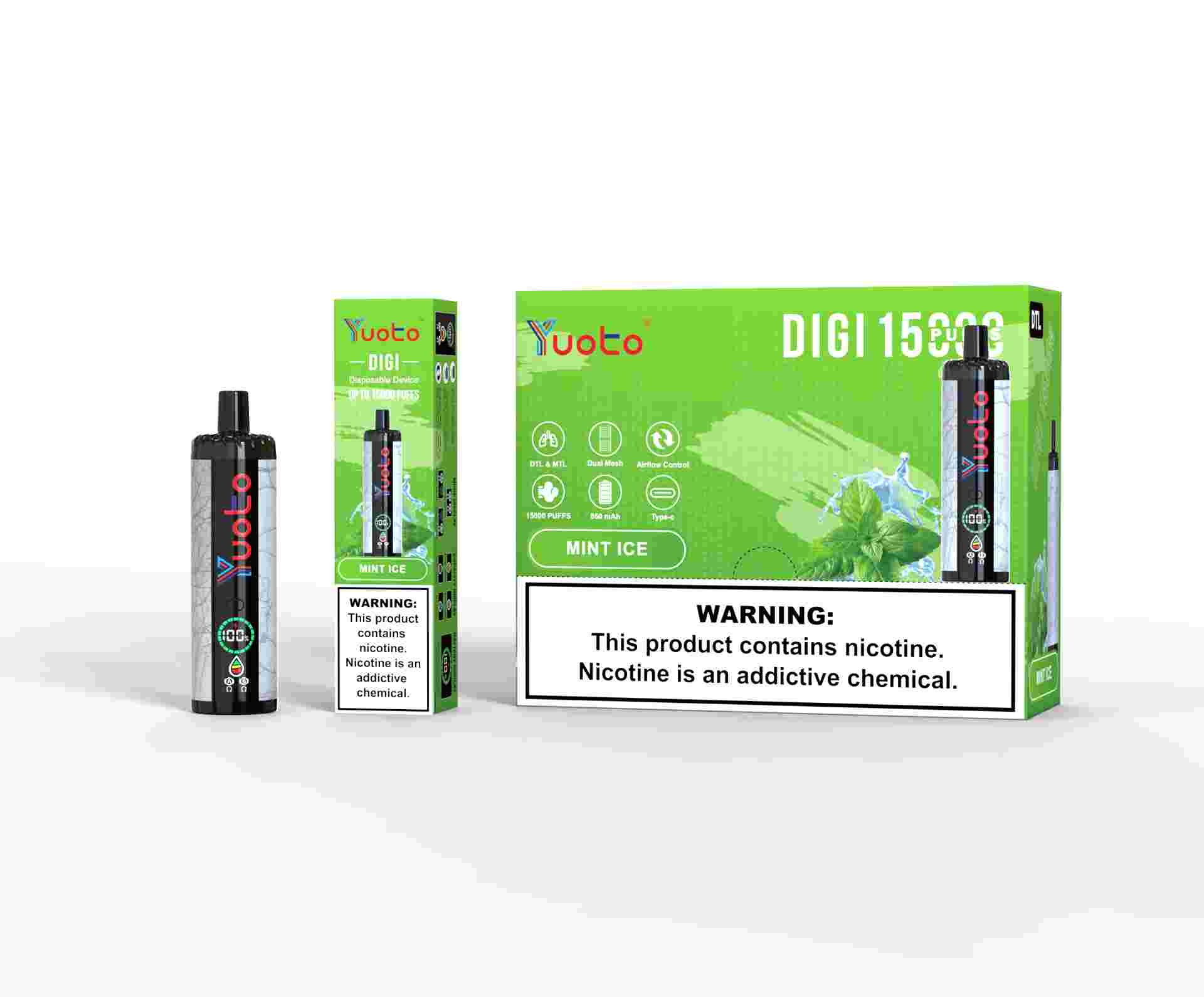Laddningsbar vape med smak av mynta, innehåller 15000 bloss.