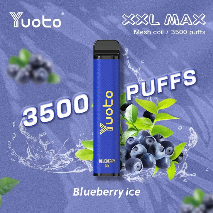 Engångs vape av modellen XXL Max 3500 bloss, med smak av is blåbär och frukt tillustration i bakgrunden.
